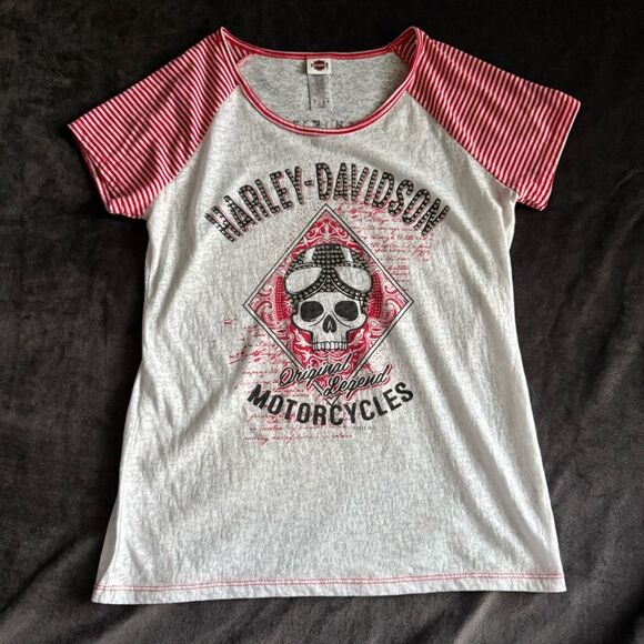 Harley-Davidson Skull Graphic Tee | Size L | Red White Striped Sleeves USA Made - Picture 2 of 14